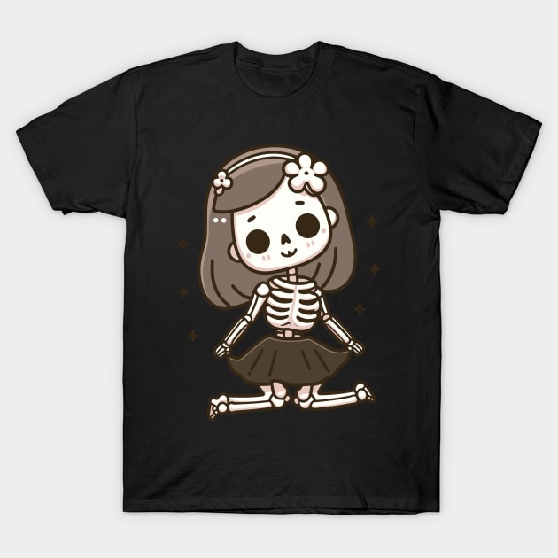 Cute Girl Skeleton in a Doll Pose | Cute and Spooky Halloween Gift Ideas T-Shirt by Nora Liak